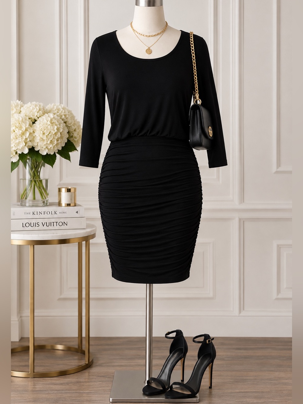 Venus Black Ruched Dress size Medium
